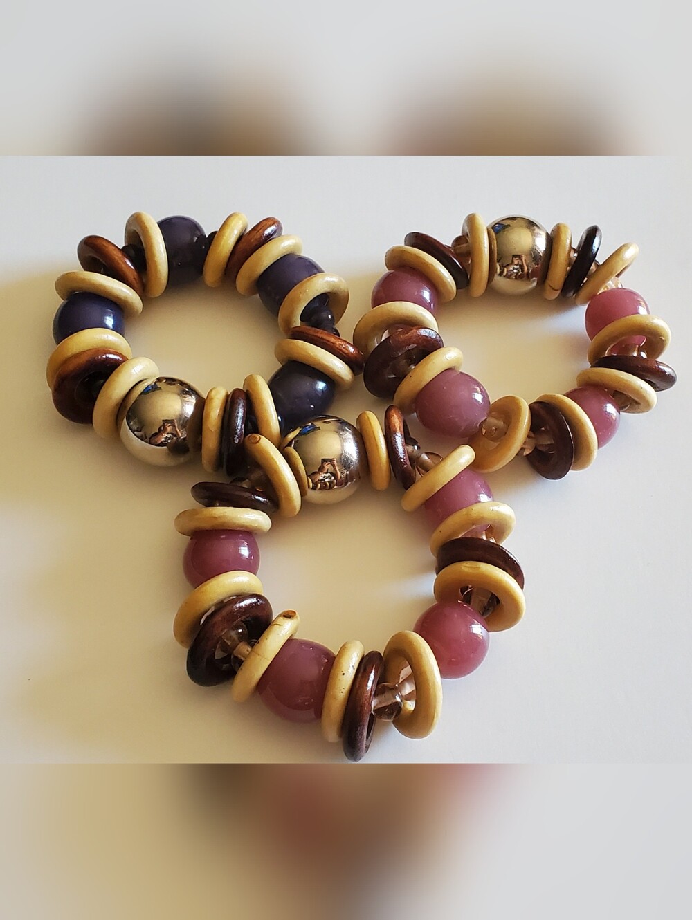 Vtg. Beaded Stretch Bracelet Trio in Pink, Purple, Brown & Silver Balls